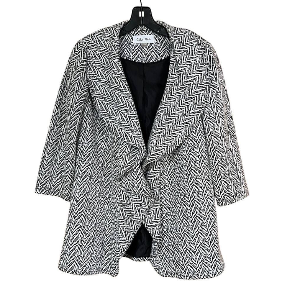 Calvin Klein Womens Size 4 Waterfall Ruffled Open Front Lined Jacket Black White - Picture 1 of 6